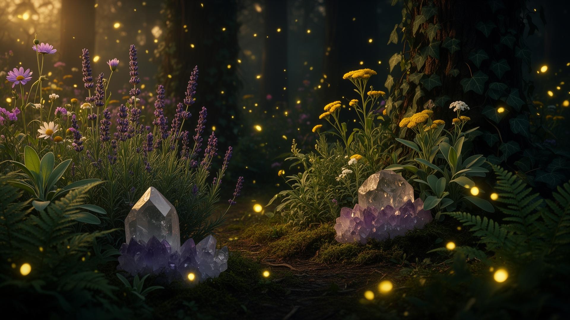 Fairy garden at twilight with wildflowers, lavender, ferns, and quartz crystals